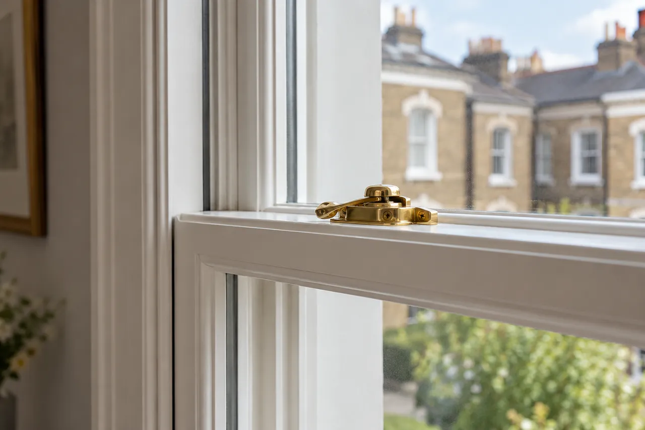 Costs and Buying — Brass sash fastener on a white painted timber window, combining traditional style with a neat finish.
