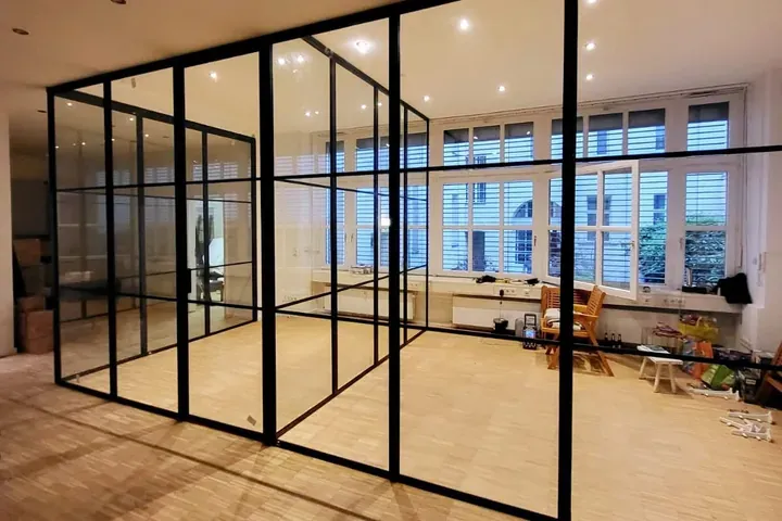 Heritage steel-look aluminium glazed partition wall in a London property, made by Windows Store Ltd