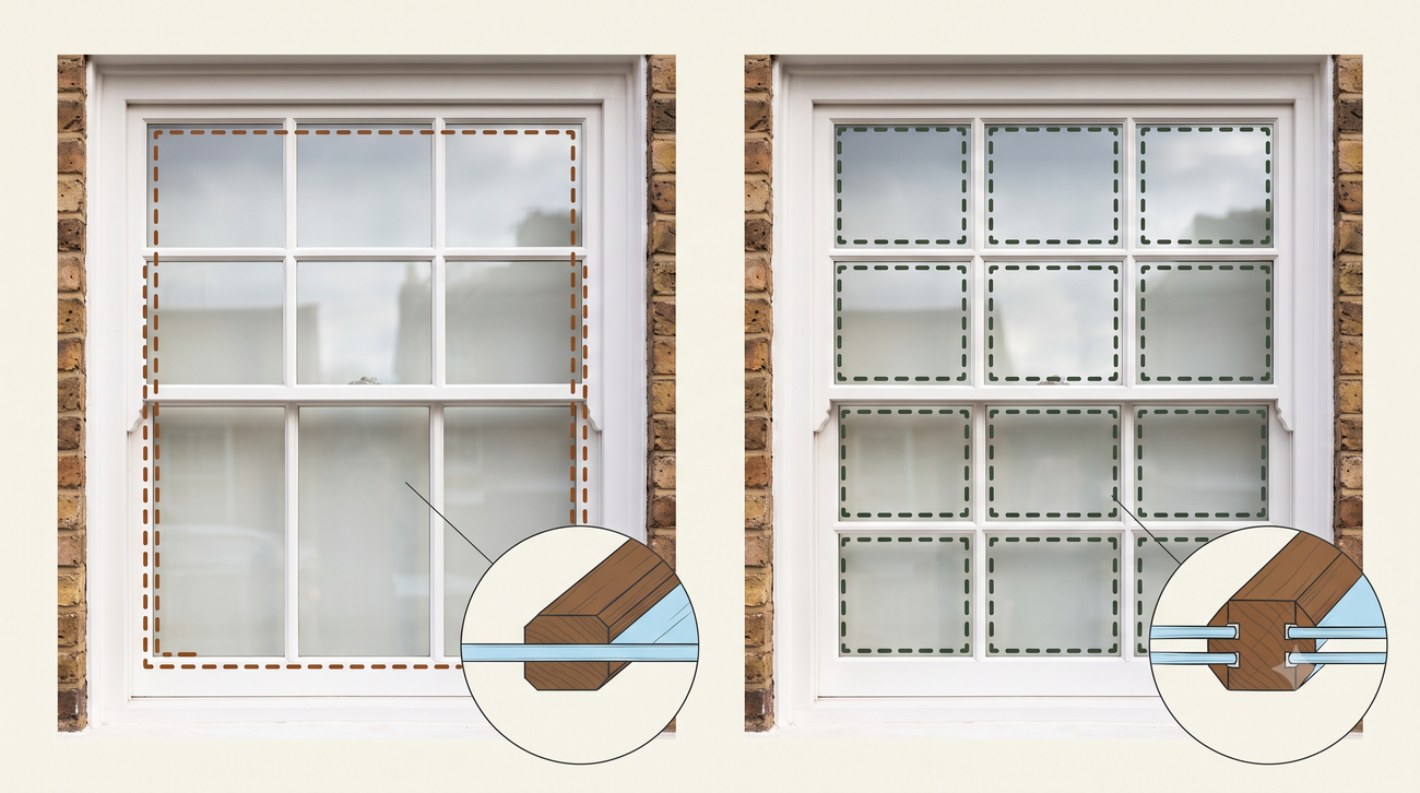 Two sash windows compared: on the left, applied glazing bars bonded to a single continuous sheet of glass; on the right, true glazing bars dividing six separate panes, each bedded in linseed oil putty